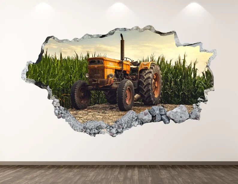 

Old Farm Tractor Wall Decal - Truck 3D Smashed Wall Art Sticker Kids Room Decor Vinyl Home Poster Custom Gift KD72