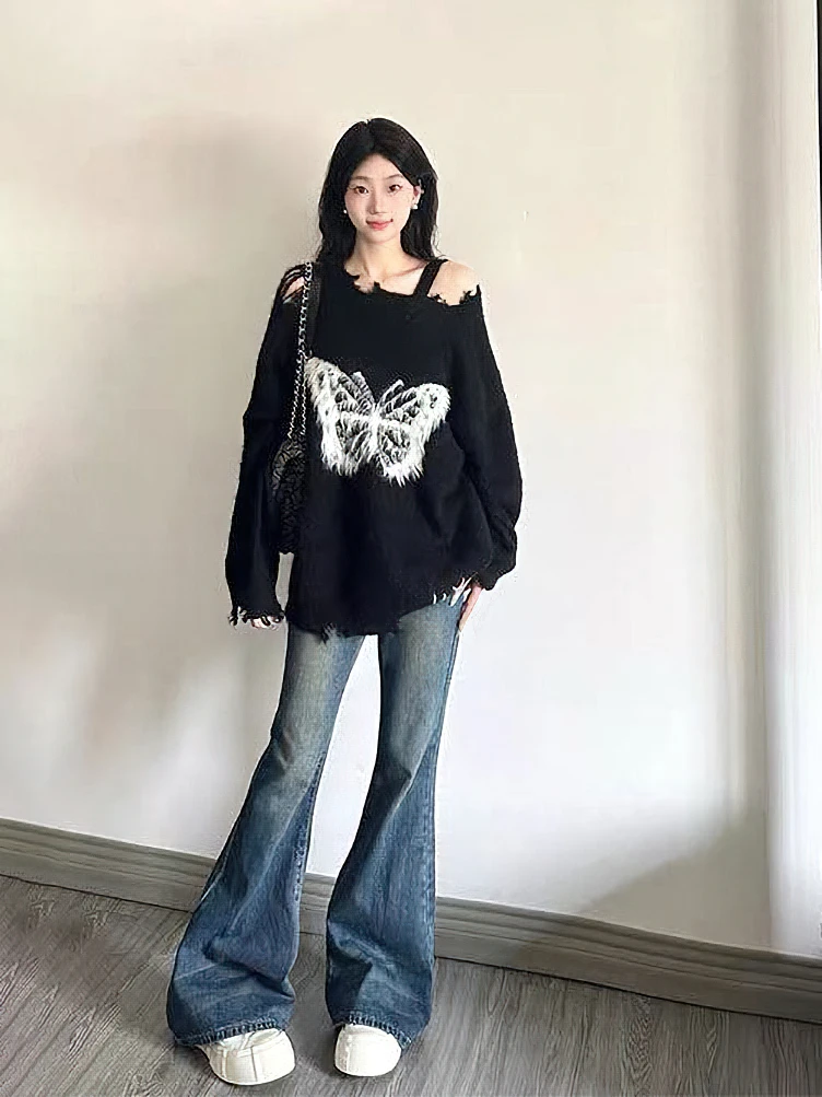 

Женский жаккардовый свитер с бабочкой, винтажный черный вязаный пуловер оверсайз с открытыми плечами в Корейском стиле, осень 2023