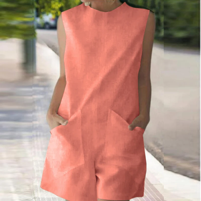 

Женский винтажный комбинезон-майка без рукавов, повседневный однотонный комбинезон из хлопка и льна с круглым вырезом и карманами для офис...