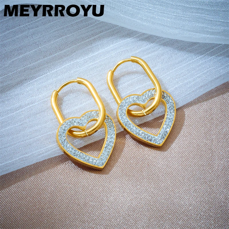 

MEYRROYU 316L Stainless Steel Fashion Luxury Diamond Heart Hoop Earrings for Women 2023 Y2K Trend Party Jewelry Gifts Серьги