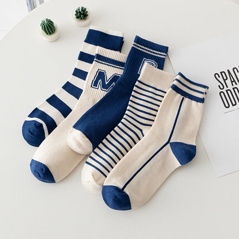 

New Retro Stripe Blue Autumn Winter Women Socks Fashion Letter Girls Cute Cozy Cotton Middle Tube Korean Style Long Socken