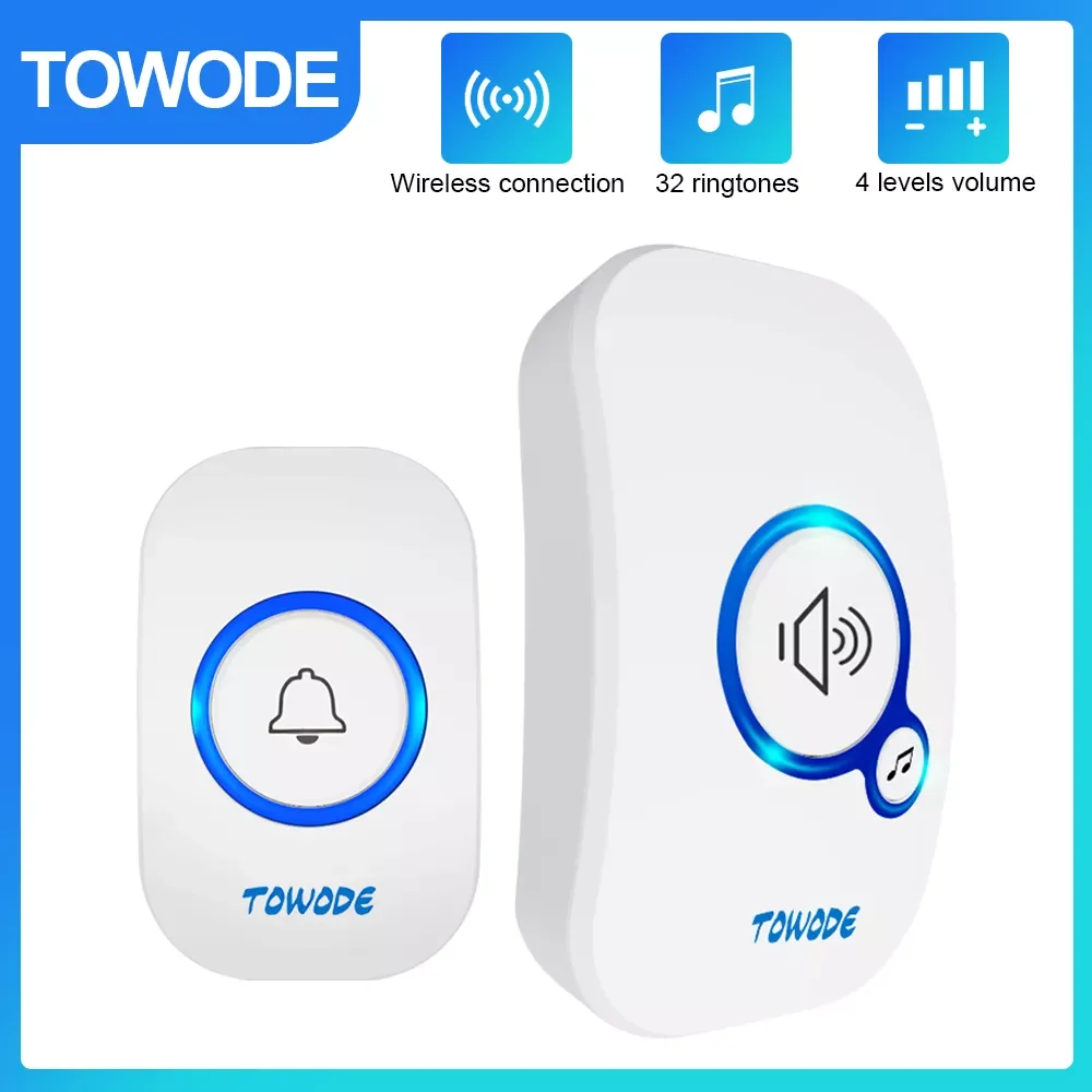 

TOWODE Home Wireless Doorbell 433Mhz Welcome Friend Smart Doorbell 150Meters Long Distance 32 Songs 4 Level Volumes Door Chimes