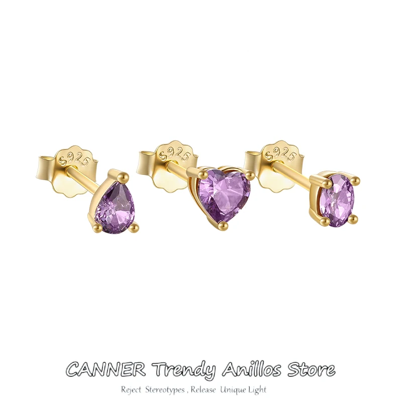 

CANNER 3pcs/set Bling Purple Zircon Earring 925 Sterling Silver Anniversary Heart Stud Earring Ear Bone Earlobe Piercing Jewerly
