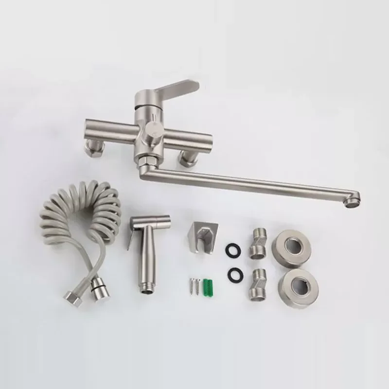 

Brushed Nickel Bathtub Faucet Hot Cold Wall Mount Kinds of Handheld or Bidet Faucet Long Spout 35 cm Rotation