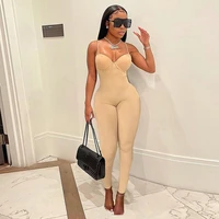 women sexy low cut sling tight jumpsuit spaghetti strap sleeveless solid color bodycon hip raise playsuit