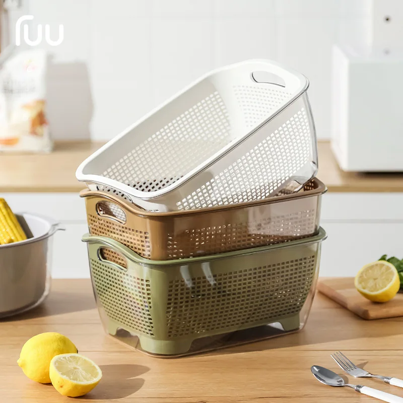 

Thickened Double Layer Drainage Basket Drainage Basin Kitchen Washing Fruit Transparent Vegetable Washing Basin Water Basket