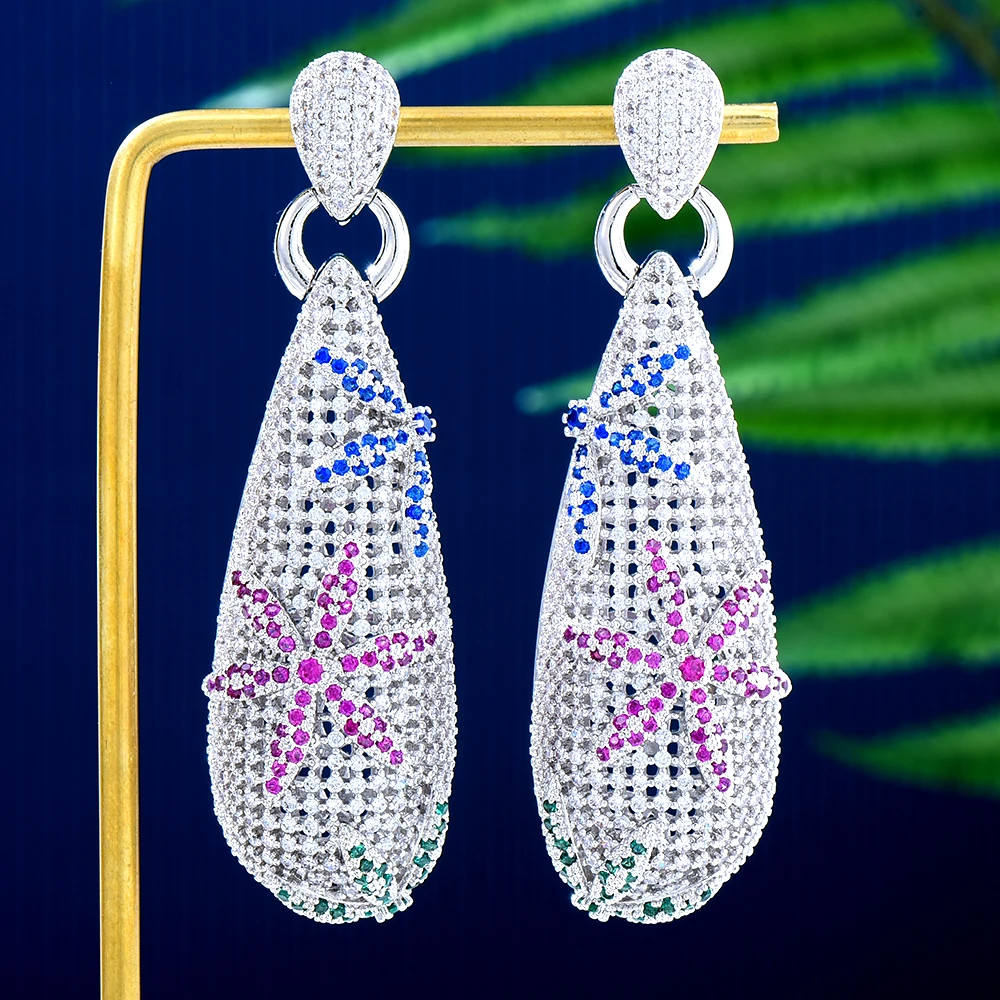 

missvikki Exclusive Tassel Shiny Drop Earring For Women Wedding Flower 3Tone Geometry Full Mirco Cubic Zircon Nigerian Earrings