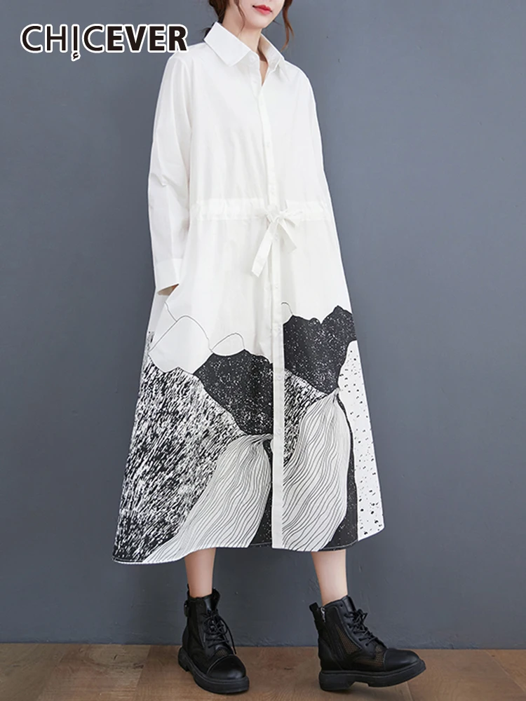 

CHICEVER Streetwear Dress For Women Lapel Long Sleeve High Waist Print Colorblock Midi Dresses Female Spring Clothes Fashion New