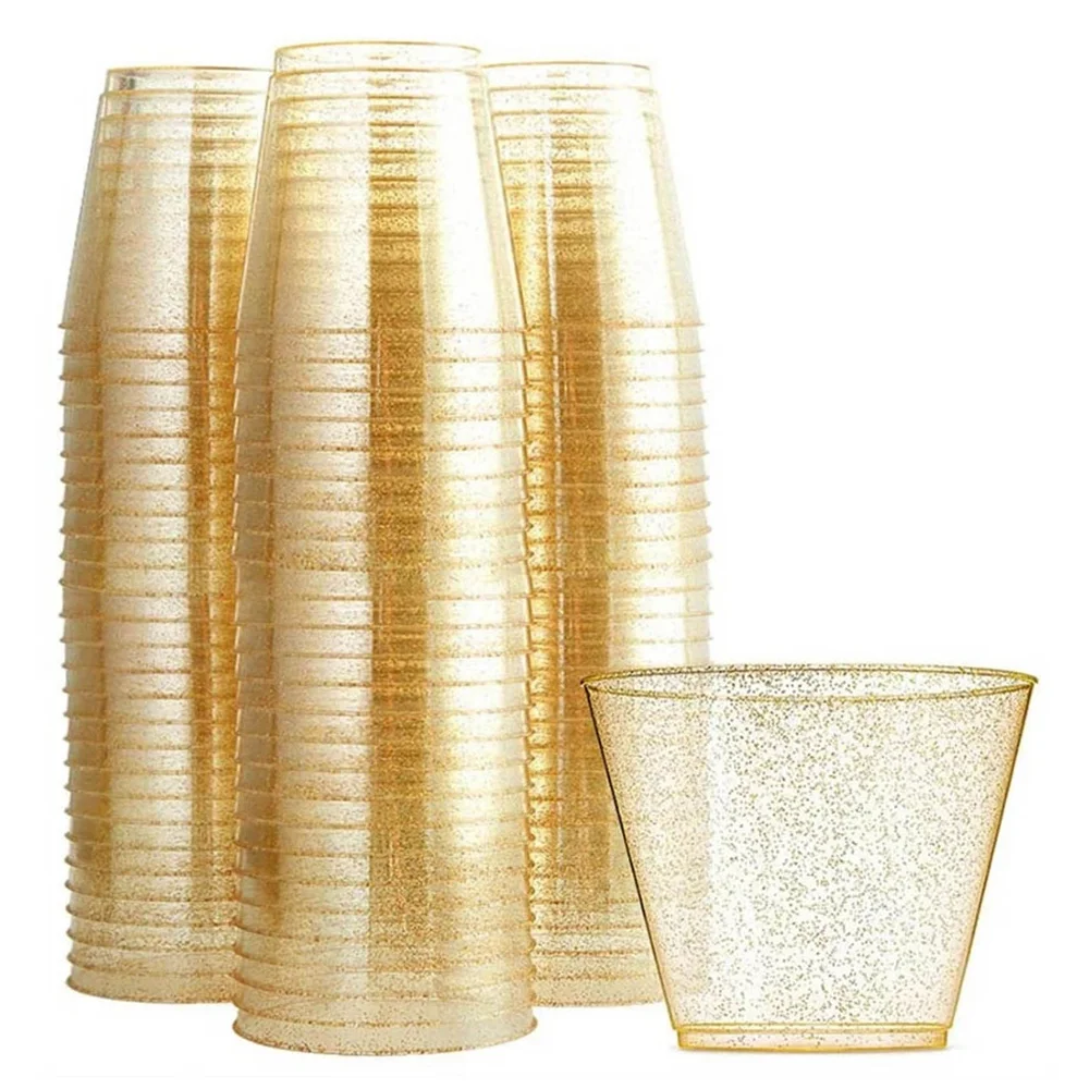 

Golden Plastic Cup Disposable Water Cup Golden Powder 90OZ Juice Cup Dessert Cup Mousse Cup Wedding Tableware Decoration