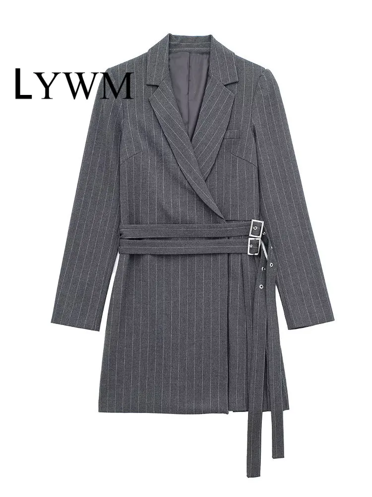 

LYWM Women Fashion Striped Blazer Jacket With Belt Vintage Notched Neck Long Sleeves Female Chic Coats Outfits