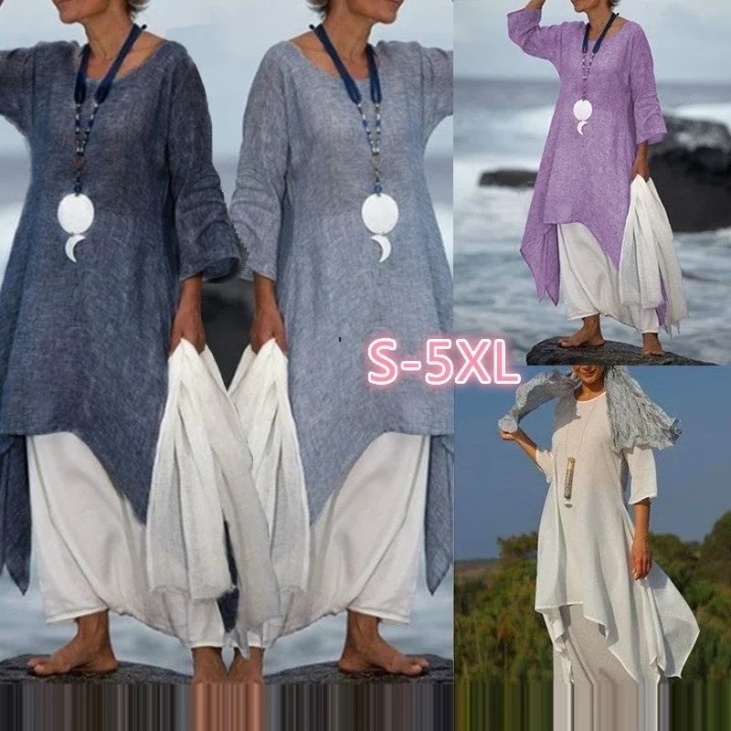 Женский льняной пуловер с круглым вырезом асимметричный Повседневный Свободный