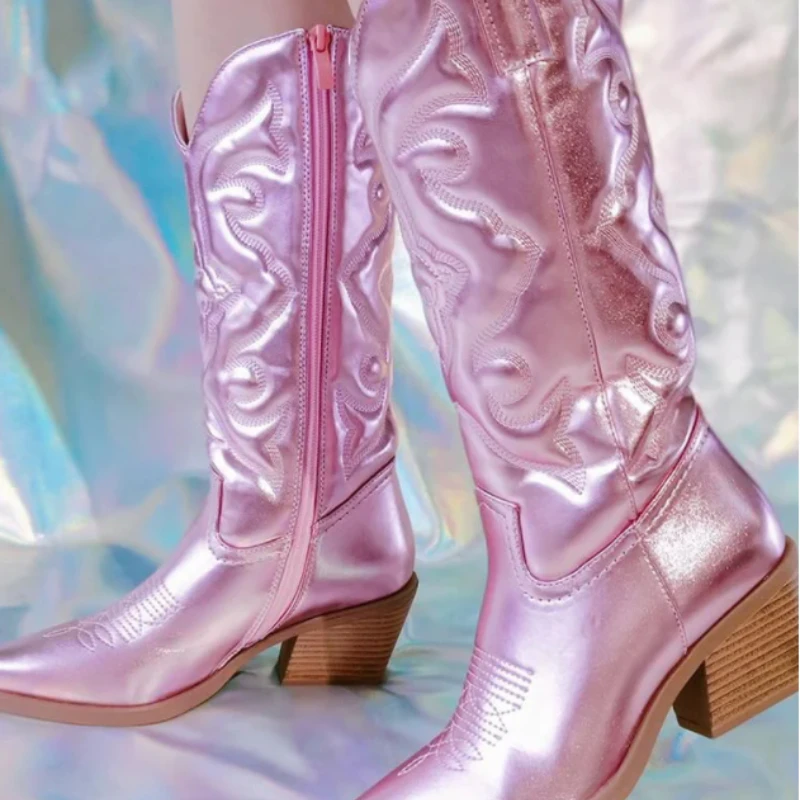 

Pink Cowboy Cowgirl Western Boots for Women 2022 Zip Embroidered Pointed Toe Stacked Heel Mid Calf Autumn Trendy Boots Shoes