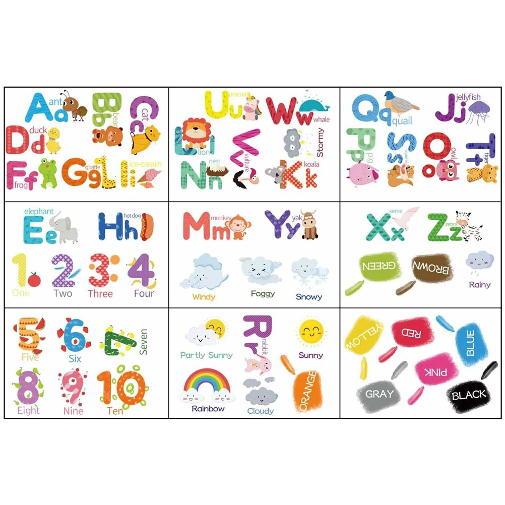 

9 Sheets Leatter Learning Wall Stickers Train Stickers Alphabet Decal Educational Numbers Poster Animals Stickers