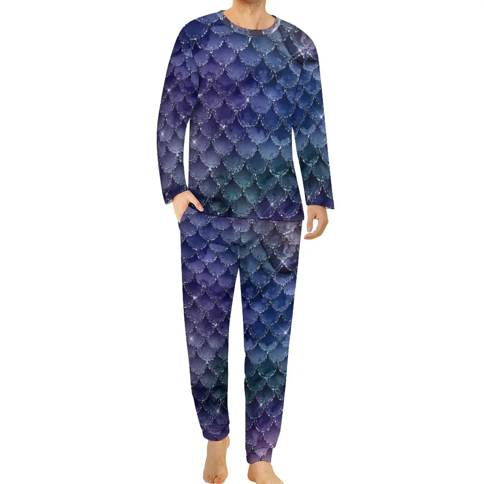 

Ombre Glitter Pajamas Long Sleeve Fantasy Magical Mermaid Scales 2 Piece Sleep Pajama Sets Men Pattern Retro Big Size Sleepwear