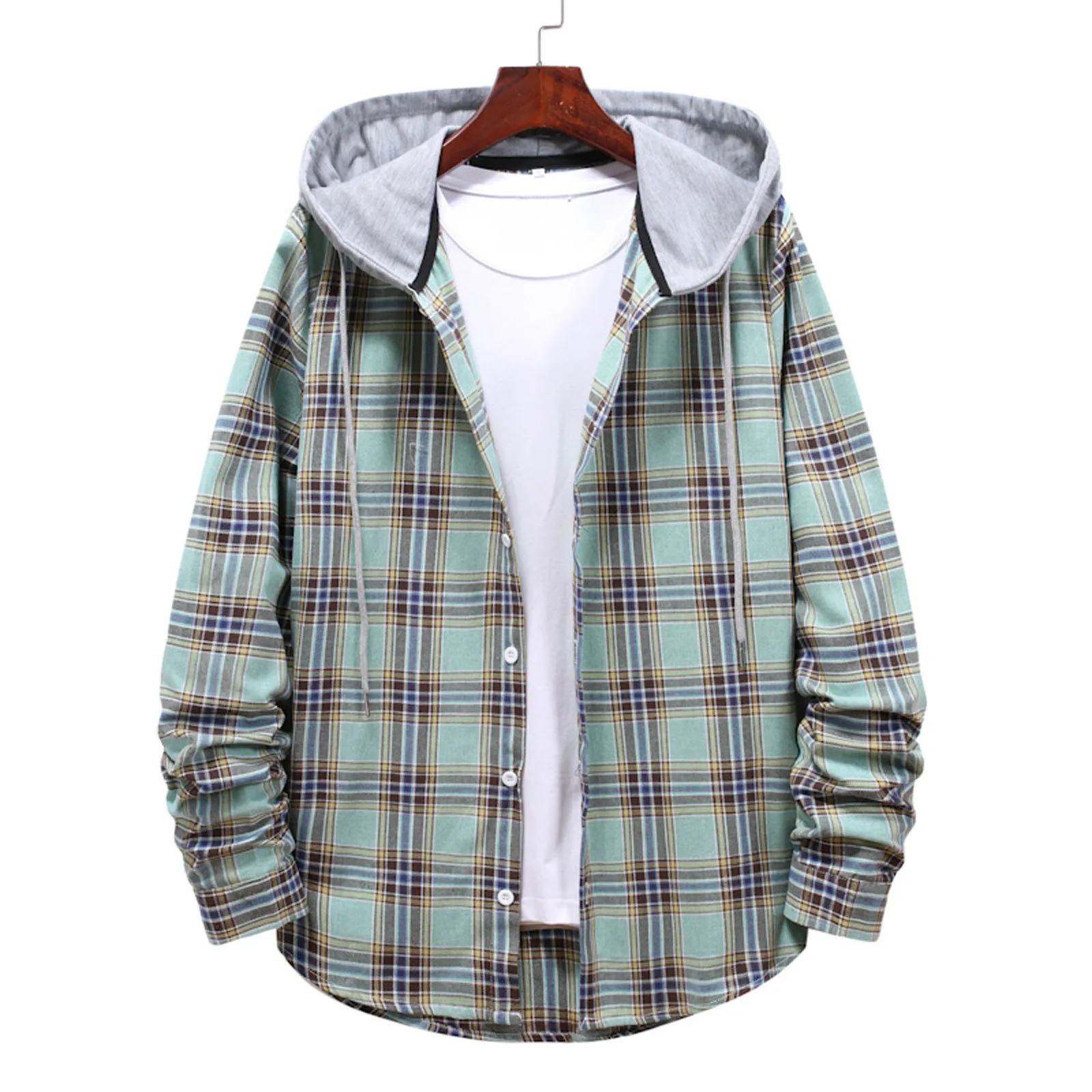 

Men Casual Plaid Shirt Hooded Shirts Oversized Casual Shirt Men's Clothes European American Style Handsome Holiday Checked Shirt