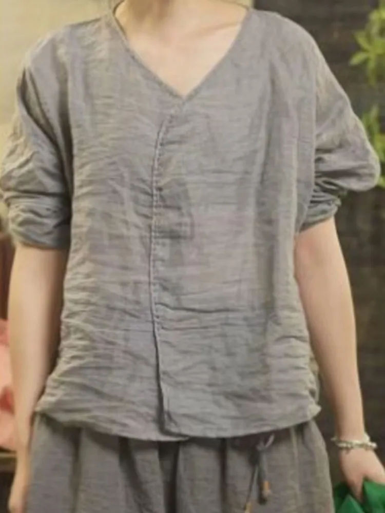 Женская свободная летняя однотонная блузка с v-образным вырезом женская