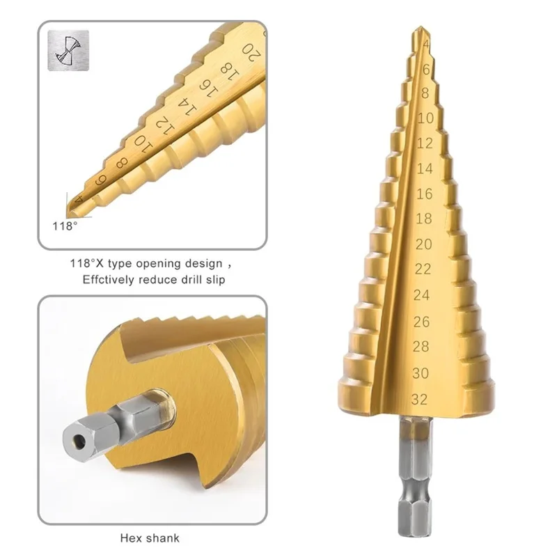4-32mm HSS step drill bit straight groove conical drills titanium coated metal hexagonal shank bits wood hole cutter