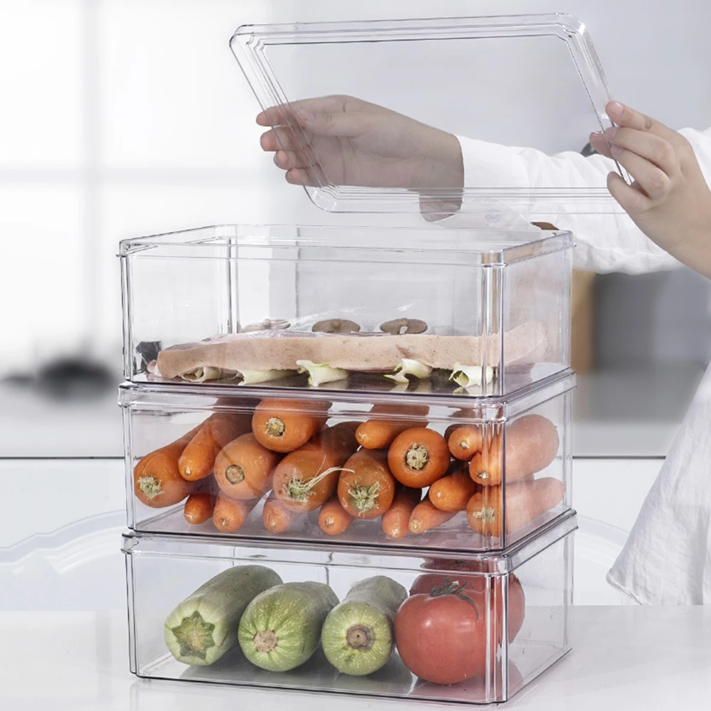 

Refrigerator Storage Box with Lid Food Storage Container Stackable Freezer Fresh Keeping Bin for Kitchen Fruits Vegetables