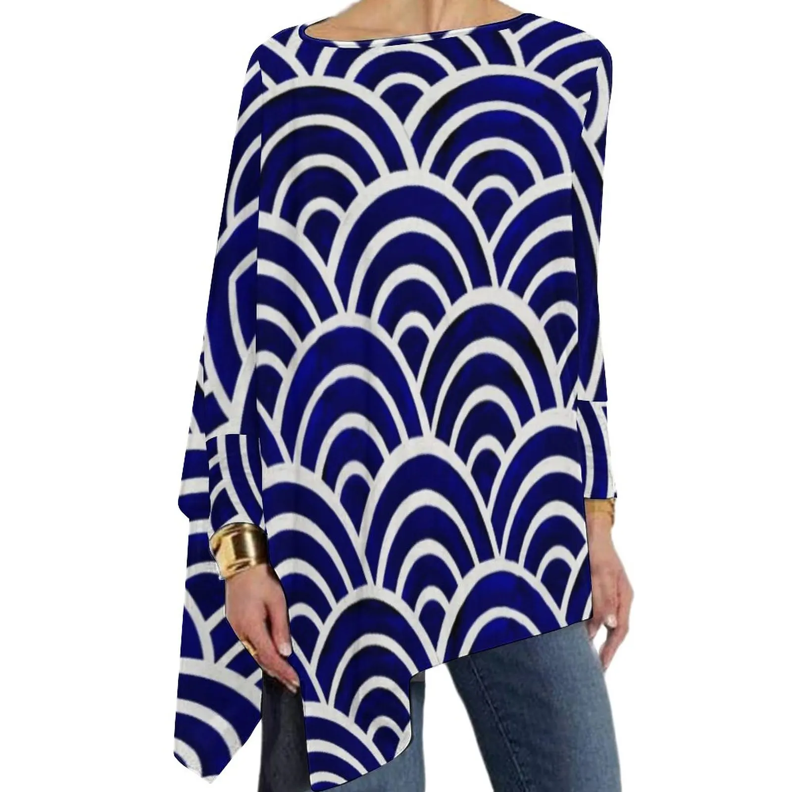 

Navy Blue Seigaiha T-Shirt Japanese Wave Print Korean Fashion Long-Sleeve T-Shirts Pattern Cute Tshirt Female Tops 4XL 5XL 6XL