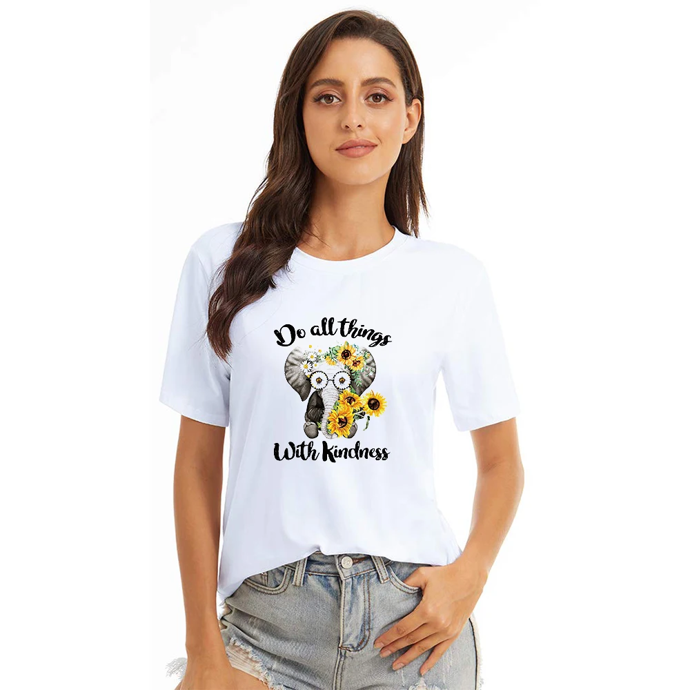 

YRYT Combed cotton T-shirt men's and women's new 2023 summer sunflower elephant feature print loose casual short-sleeve shirt