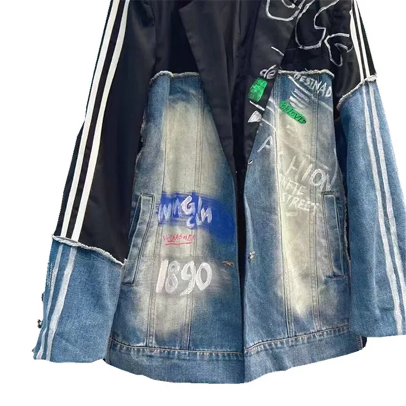 [ZOCI] Ветер ранней осенью новая цветная джинсовая куртка с ручной росписью букв