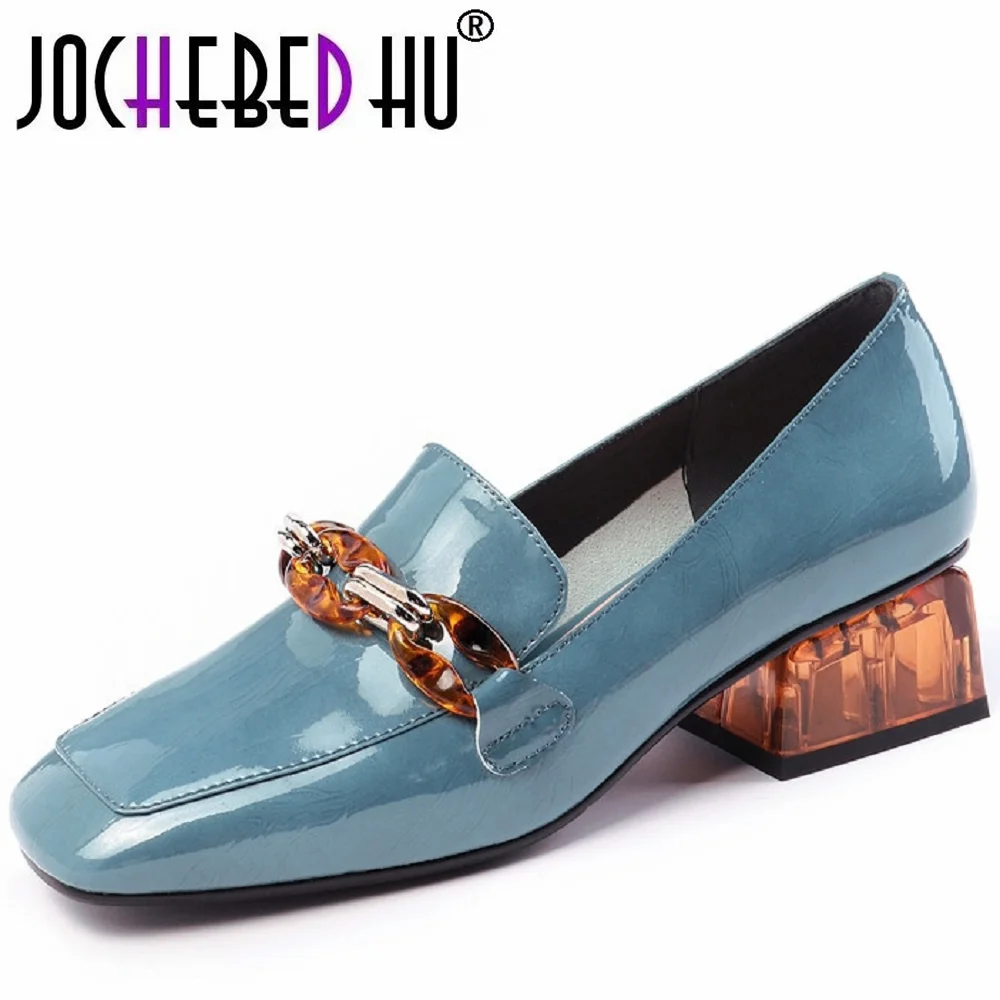 

【JOCHEBED HU】Genuine Leather High Heel Shoes Women Square Toe Loafers Shoes Fashion Chunky Heels Ladies Slip On Footwear 34-42