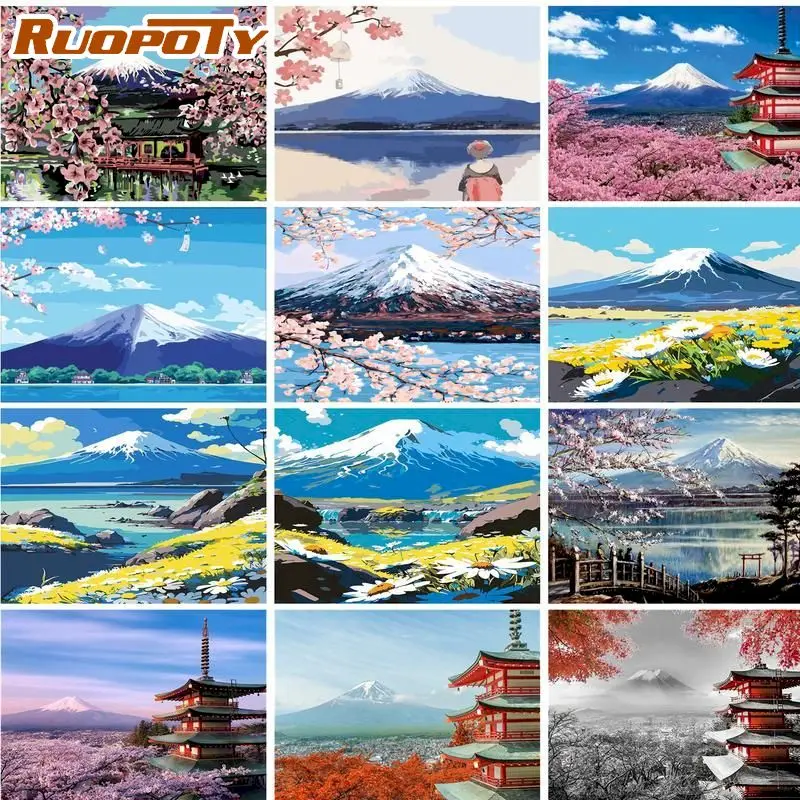 

RUOPOTY DIY Pictures By Numbers Mount Fuji Landscape Handpainted Kits Drawing On Canvas Oil Painting Kill Time Art Gift Wall Dec