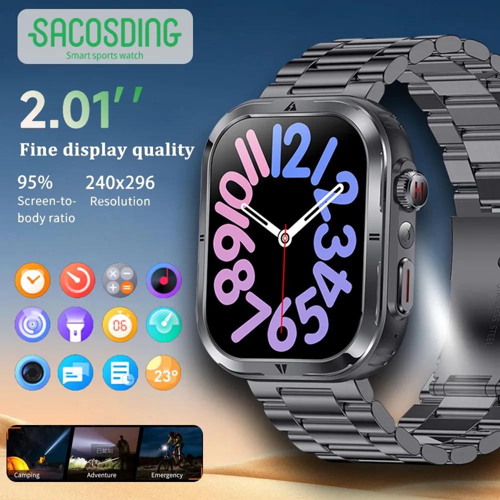 Мужские смарт-часы для спорта на открытом воздухе большой экран 2 01 дюйма фонарик