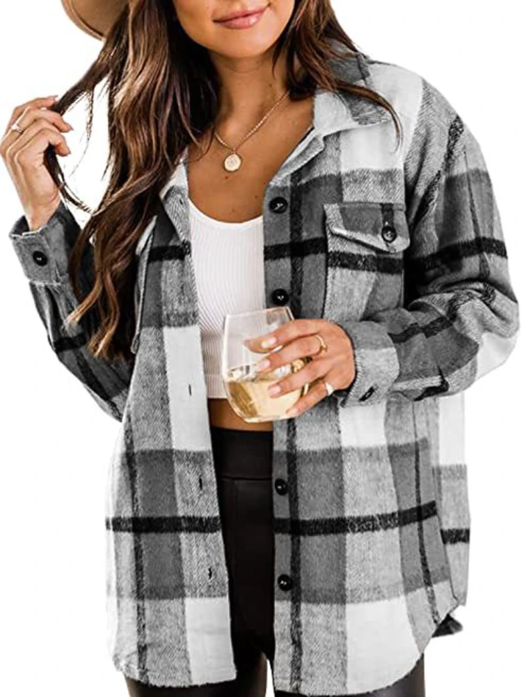 

Womens Plaid Shacket Button Down Blend Fall Flannel Shirt Jacket