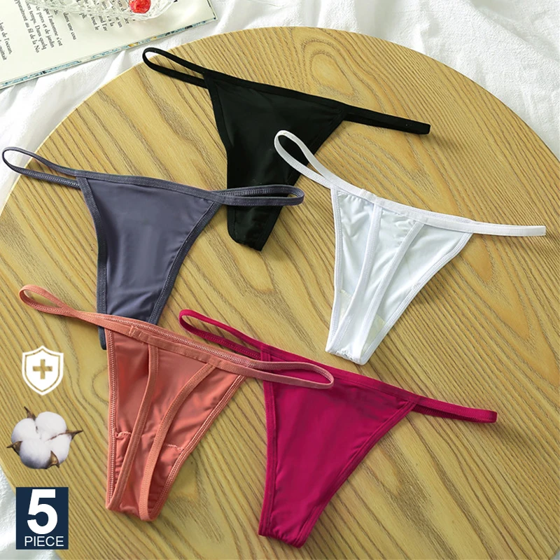 

FINETOO 5Pcs/Set Sexy Women G-String Low Waist Panties Intimate Lingerie Female Underpants Cotton T-back Pantys Thin Strap Thong