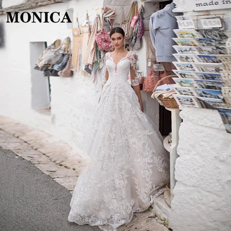 

MONICA Luxury Wedding Dress Half Sleeve Sheer Sweetheart Neck Tulle Appliqués Gorgeous Fall New Prom Bride Princess Dress