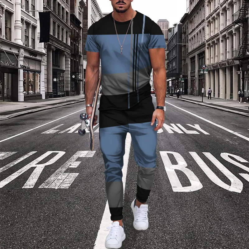 Summer Men's Trousers Tracksuit Set Sportwear 3d Print Stripe Short Sleeve T Shirt+Long Pants 2 Piece Set Men Tracksuit Clothes