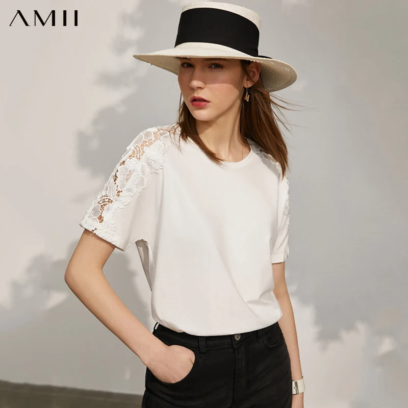 

Amii Minimalism Summer Women's Tshirts Casual New Oneck Lace T shirt Streetwear Loose Embroidered Tops For Women 12140358
