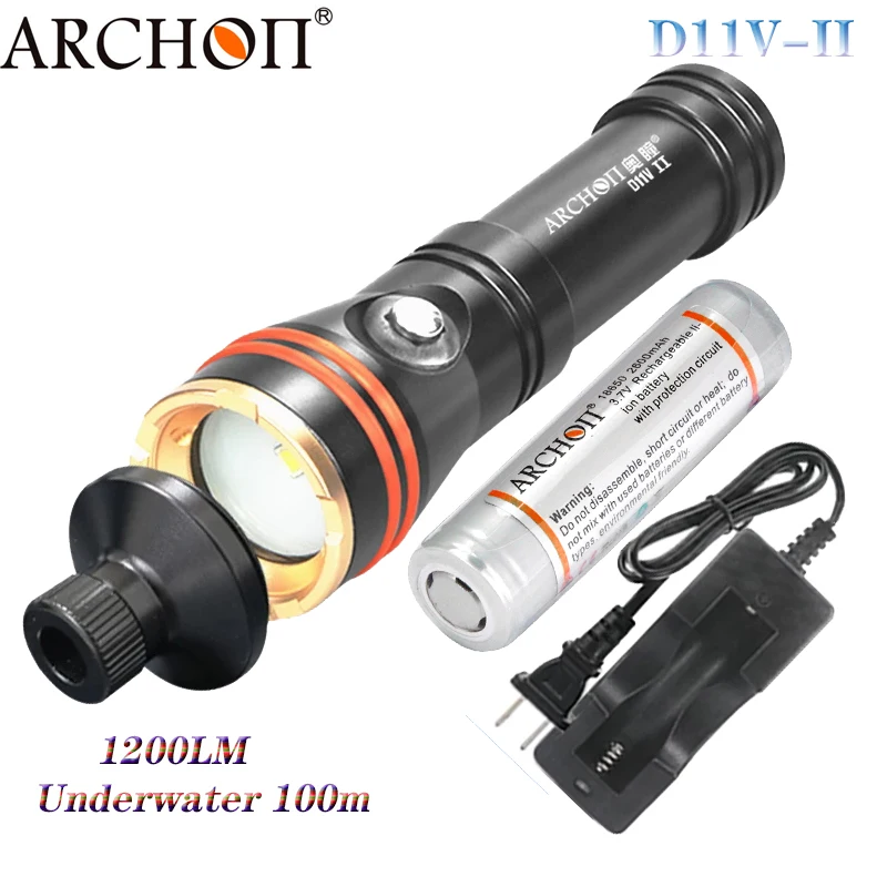 ARCHON W17VII/D11V-II Diving Flashlight 1200LM Underwater 100m Dive Lighting Video Fill Light HD Torch by 18650 Battery Charger