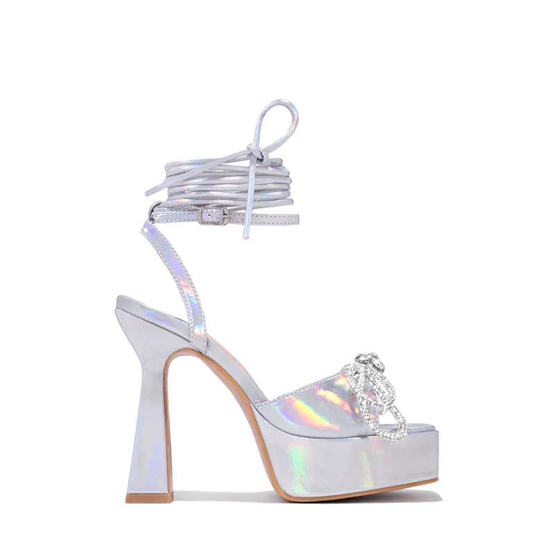 XIBEILOVE 2023 Sexy Square Head Waterproof Platform Rhinestone Bow Tie Women's High Heel Sandals Banquet Nightclub Green Shoes