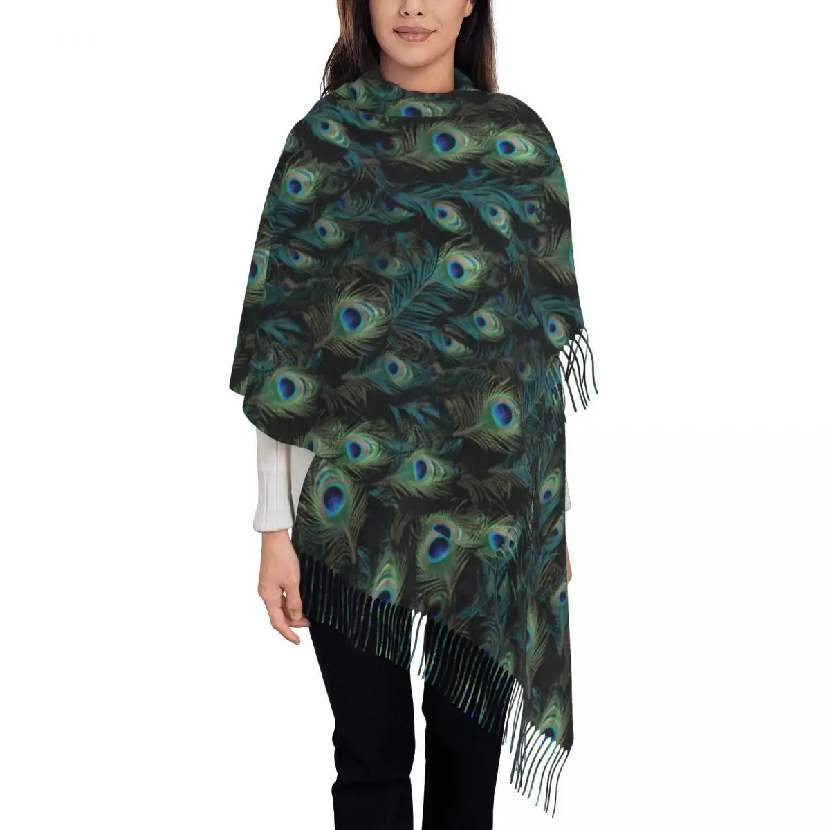 Peacock Feathers Scarf Wrap Women Long Winter Warm Tassel Shawl Unisex Scarves