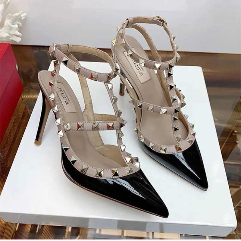 Summer Women's Gladiator Sandals Pumps 2023 Ankle Strap Fashion Patent Leather Luxury Rivet High Heels Designer Women's Shoes 41