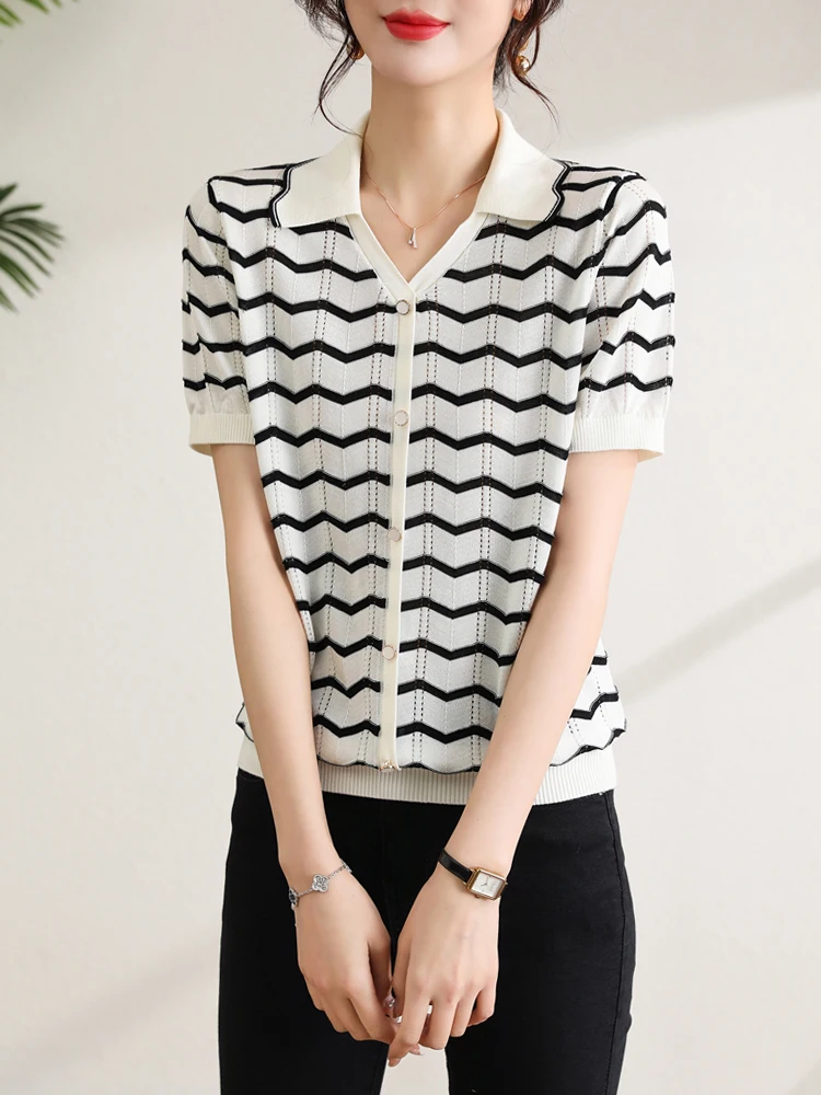 

Knitted Stripe T Shirt Women Sweater Pullovers Summer Clothes For Women Tees Top Casual Short Sleeve Women's T-shirt