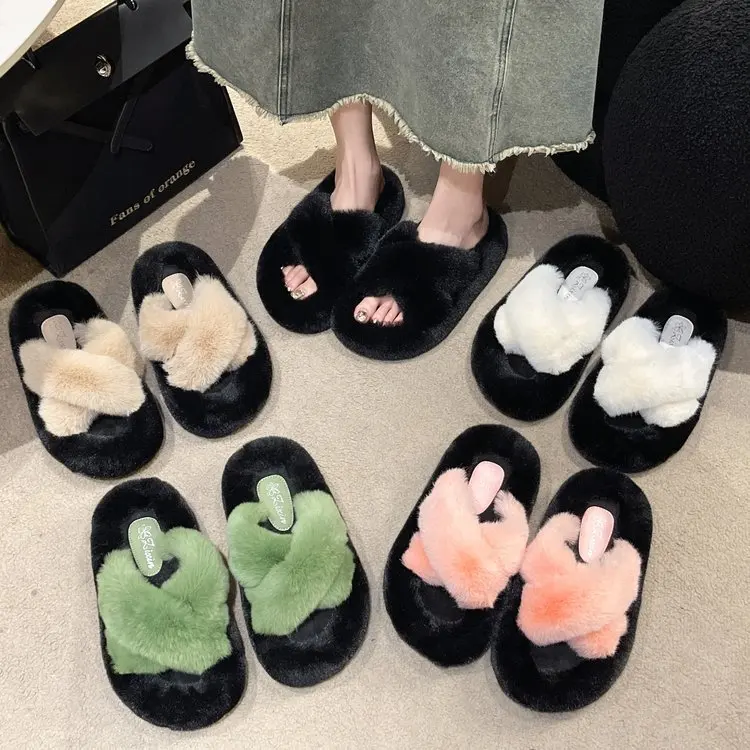 

Candy Colors Female Shoes Slippers Casual Fur Flip Flops Slides Flock Women Thongs Low 2023 Luxury Plush Flat Hawaiian Rome Rubb