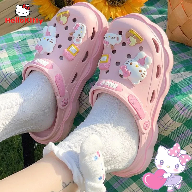 

Милые сандалии Hello Kitty Kuromi Cinnamoroll Crocs, летние милые модные сандалии Y2K, обувь на плоской подошве, увеличивающие рост, подарок на день рождения для девочек
