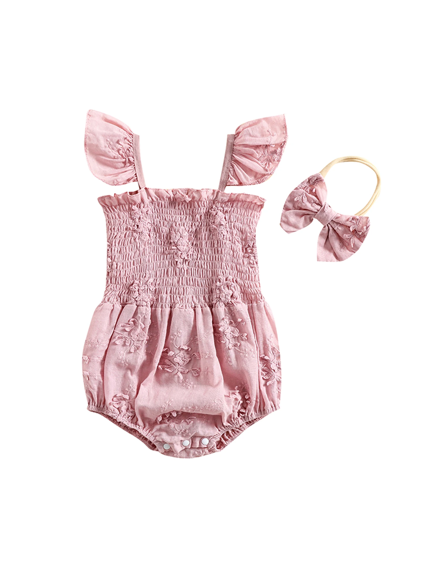 

YQYJA Newborn Baby Girl Summer Romper Ruffle Elastic Pleated Fly Sleeve Bodysuit Bow Headband Clothes Outfits