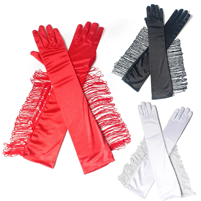 

Fringed Long Satin Gloves For Women Tassel Style Elasticity Bride Gloves Driving Cycling Full Fingers Mittens Sunscreen Gloves