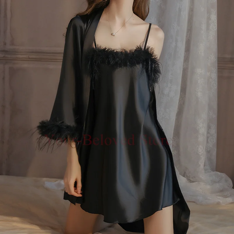 Халат с перьями в стиле пэчворк женское свободное нижнее белье одежда для сна