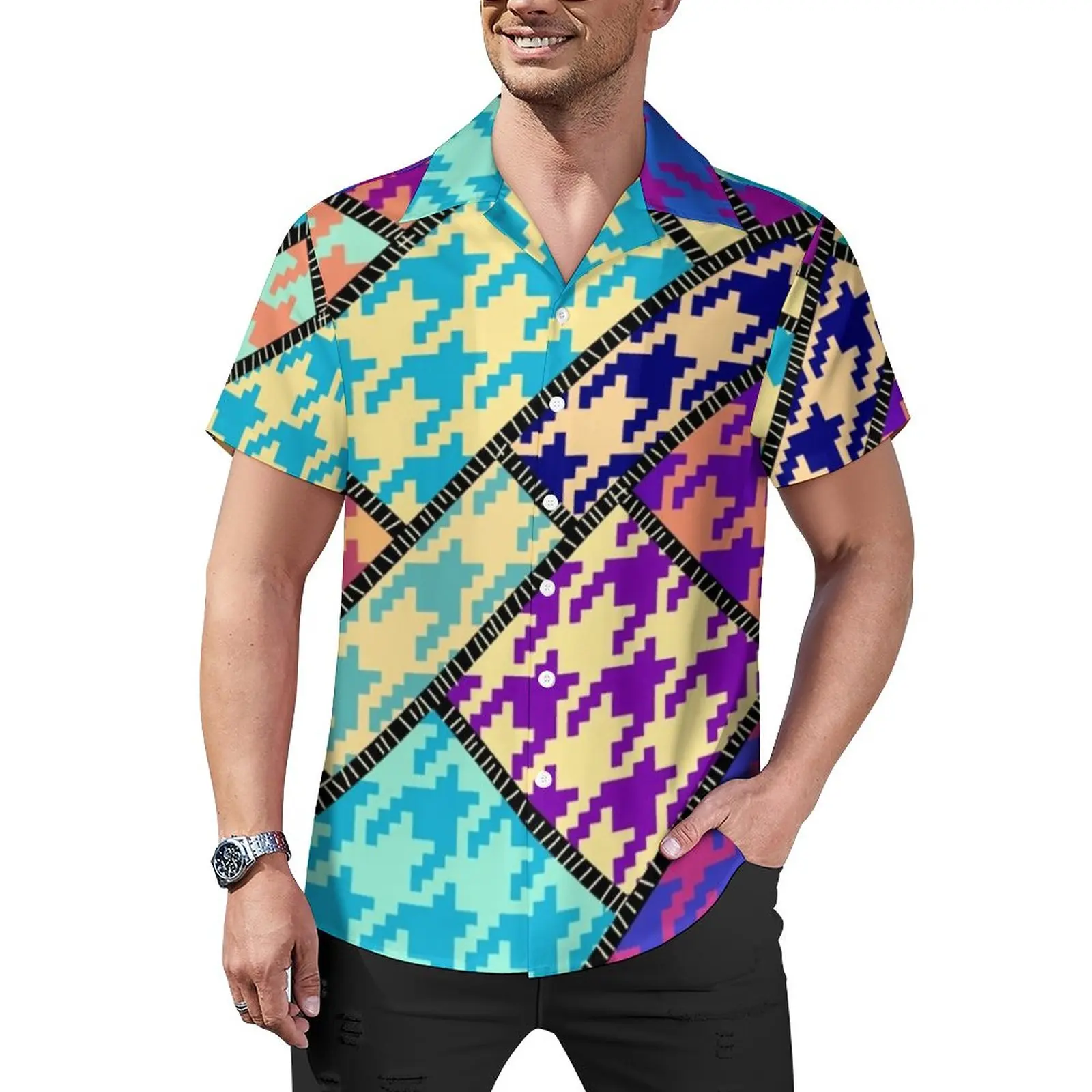 

Красочные повседневные рубашки с рисунком «гусиная лапка», стильная рубашка для отпуска, Летние Ретро Блузки, мужская модель с принтом