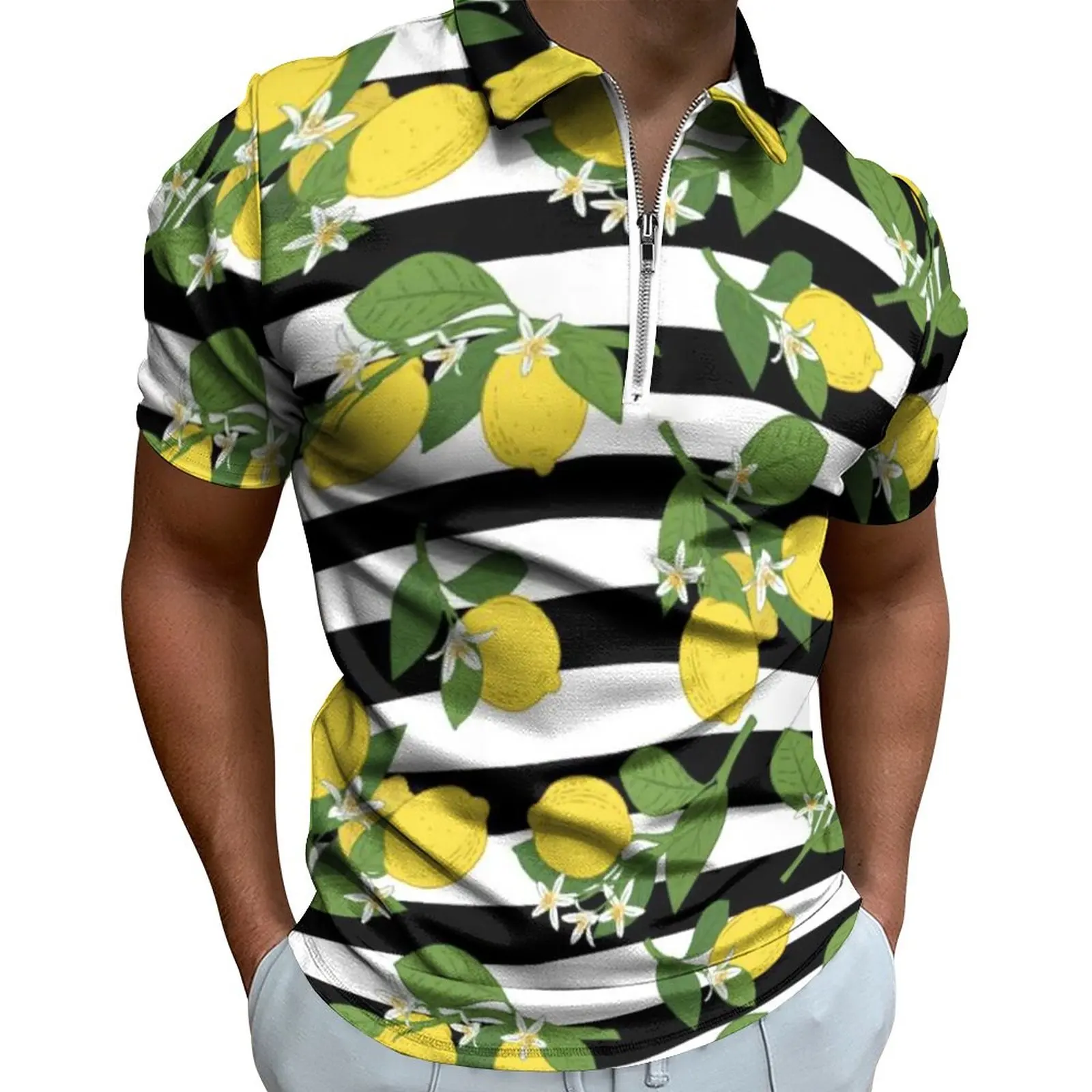 

Черно-белые полосатые повседневные футболки, полосатая желтая рубашка-поло с рисунком лимона, на молнии, стандартный мужской дизайн, телефо...