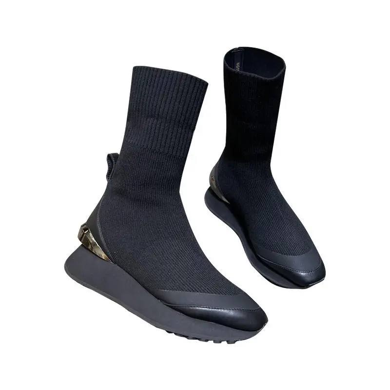 Spring 2023 New Women's Single Patchwork Sports Style Knitted Stretch Socks Ankle Muffin Platform Boots