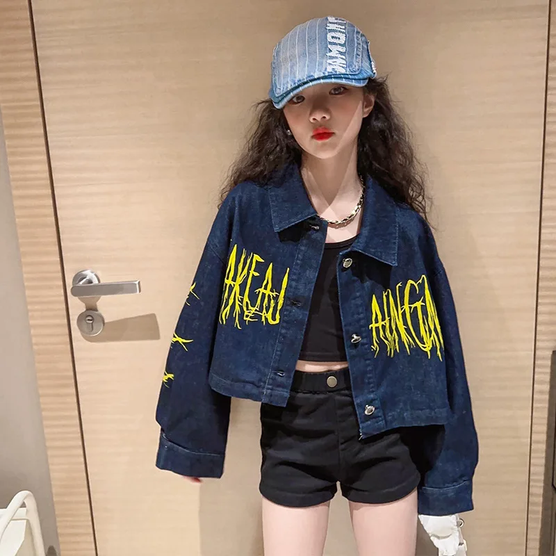 

baby girls denim jacket children spring autumn Korean jeans coats teenage kids clothes Gothic letters print cardigan 6 to 16 yrs