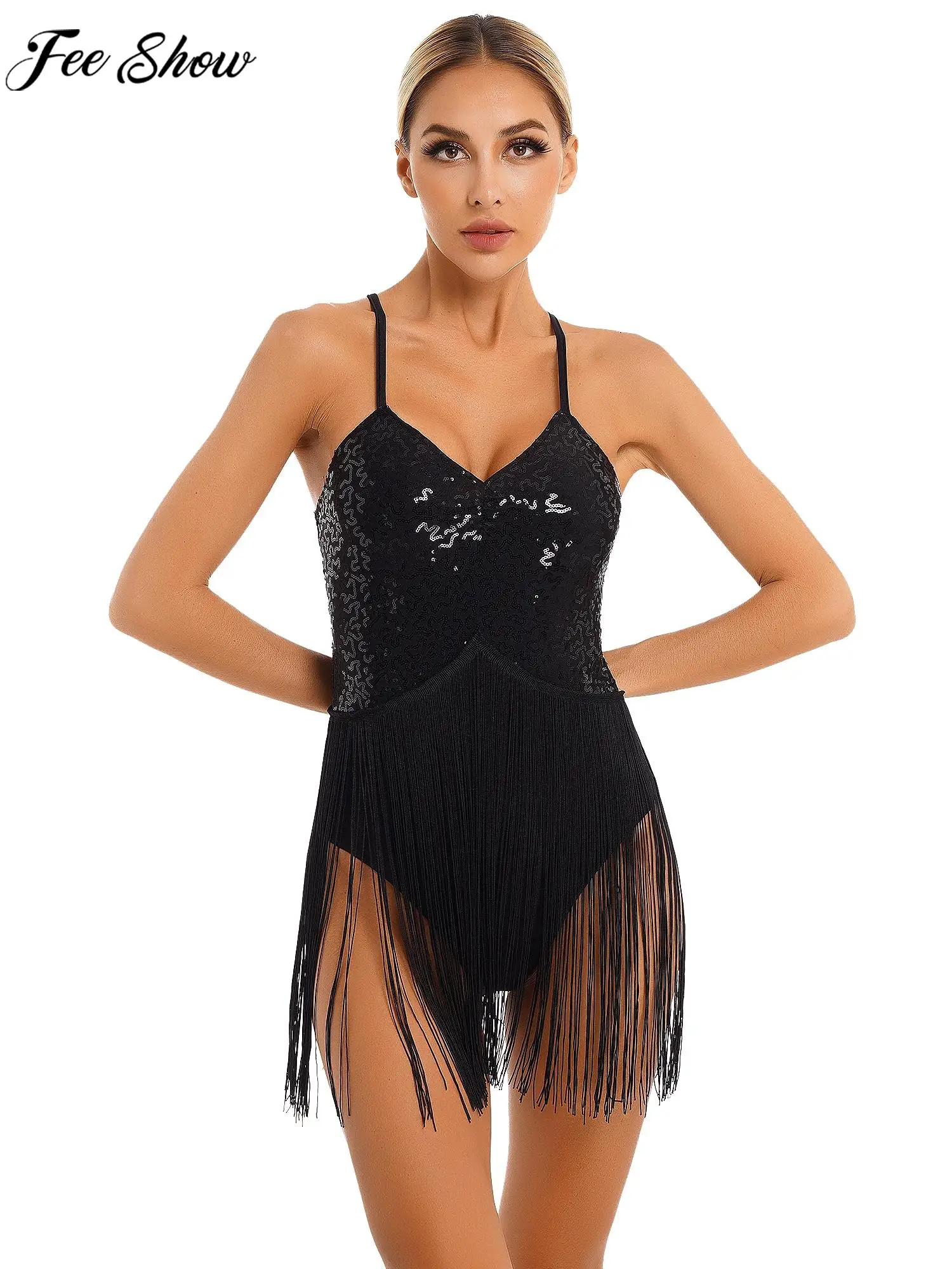

Womens Latin Dance Cha-Cha Tango Samba Stage Performance Costume Sleeveless V Neck Glitter Sequin Tassel Leotard Dress Dancewear