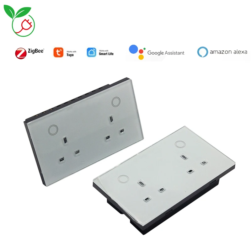 Chegada Nova Zigbee 3.0 Tomada de Parede Inteligente com Twin uk Power Outlet Painel Toque Interruptor Vidro Tuya Alex Google 2022