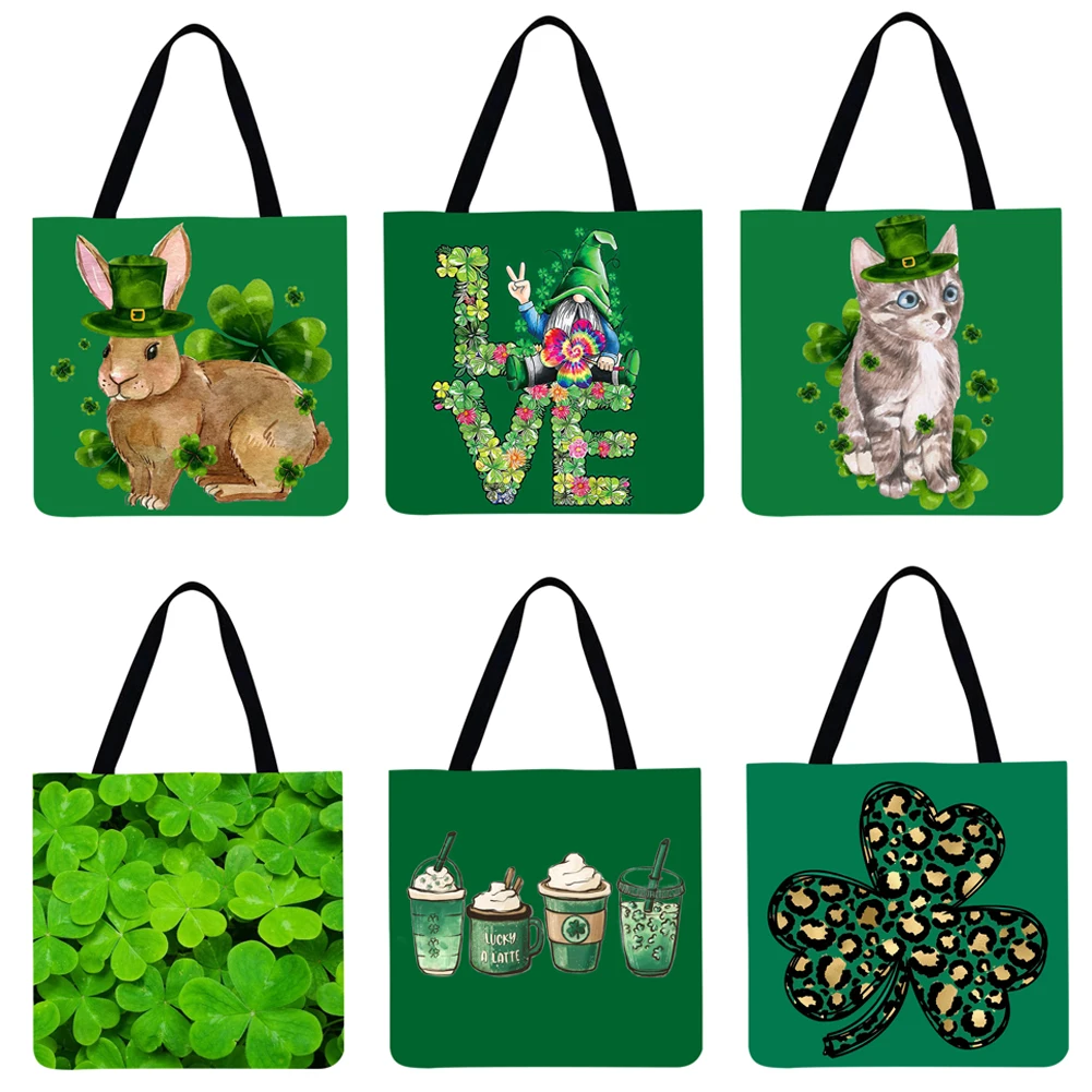 

Saint Patricks Day Linen Shoulder Bag Green White Animal Shamrock Clover Pattern Irish Party Celebration Handbag Messenger Bag